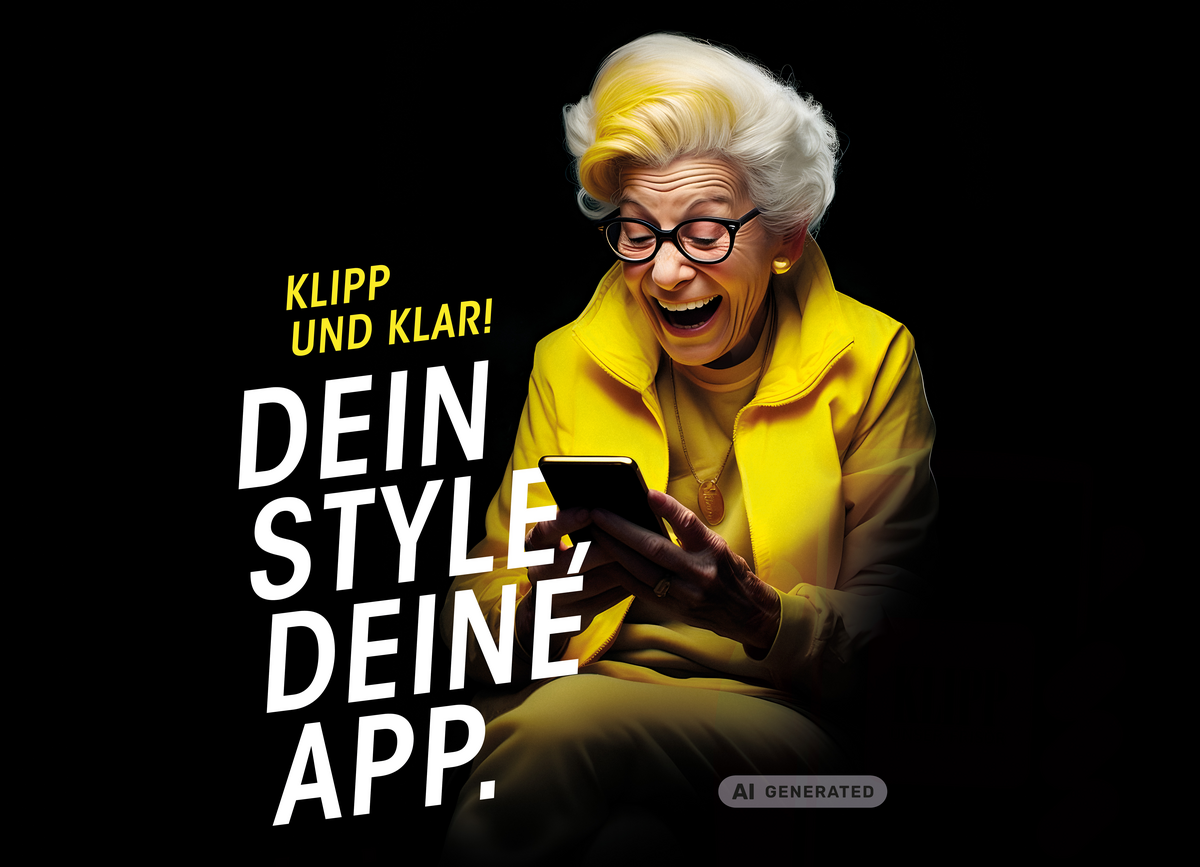Lachende-ältere-aufs-Handy-blickende-Frau-daneben-ein-Spruch-mit-Klipp-und-klar-dein-Style-deine-App Lachende-ältere-aufs-Handy-blickende-Frau-daneben-ein-Spruch-mit-Klipp-und-klar-dein-Style-deine-App